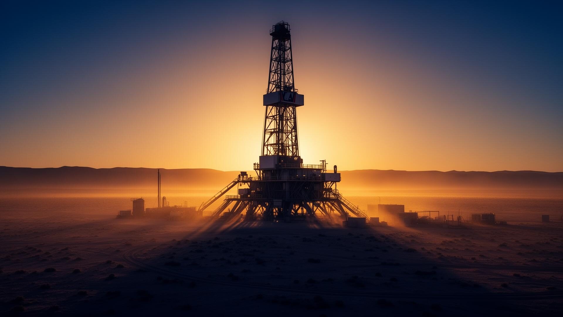 Drilling rig silhouetted against the sunset on a desert oilfield